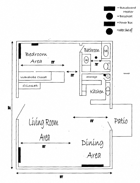 Floor plan for 1 bed, 1 bath, 625 sqft